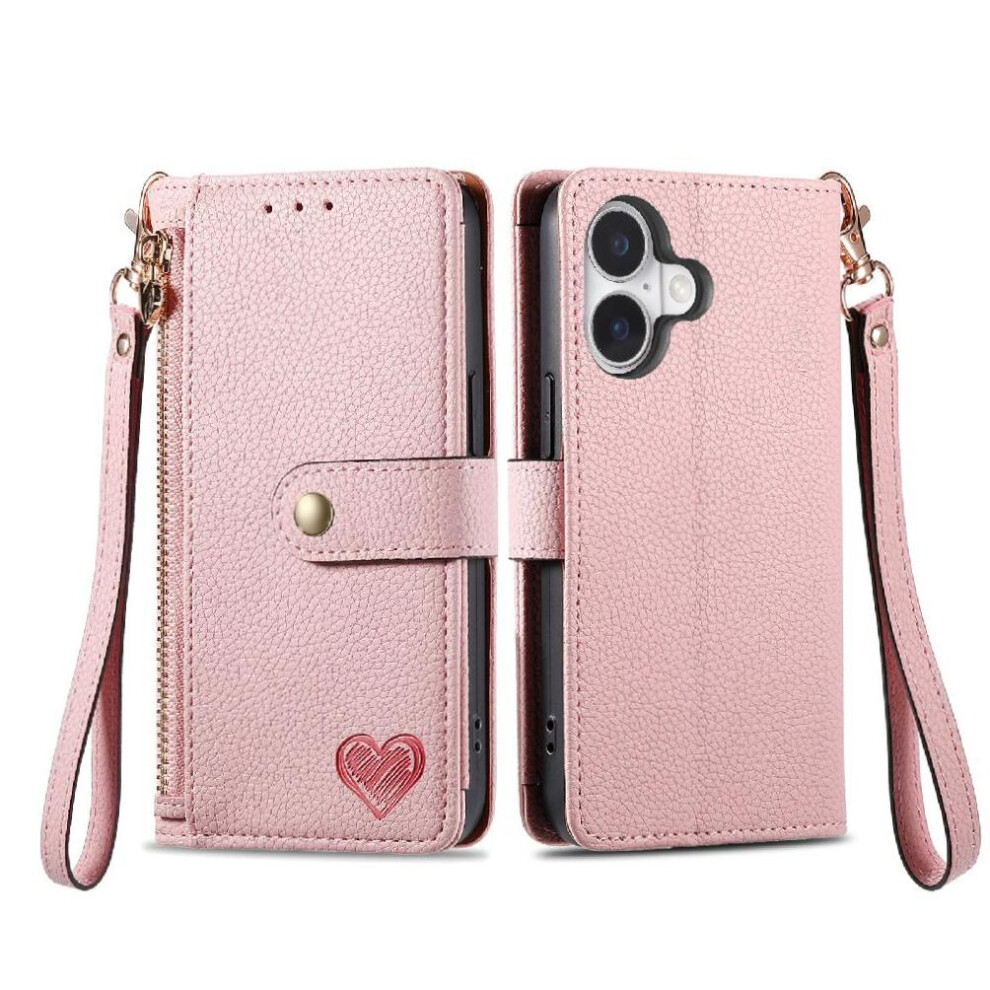 (Pink) Case For Iphone 16 Plus Leather Case Lanyard Wallet Love Zipper Pink 764563743216