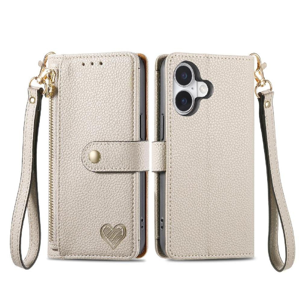(Silver) Case For Iphone 16 Plus Leather Case Lanyard Wallet Love Zipper Silver 764563743254