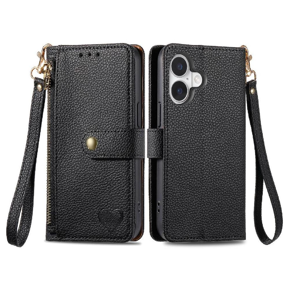 (Black) Case For Iphone 16 Plus Leather Case Lanyard Wallet Love Zipper Black 764563743247