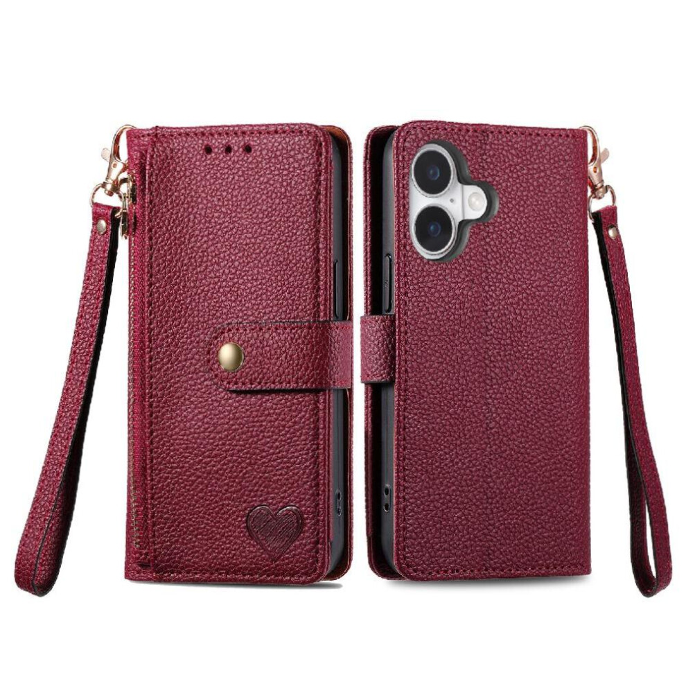 (Red) Case For Iphone 16 Plus Leather Case Lanyard Wallet Love Zipper Red 764563743223