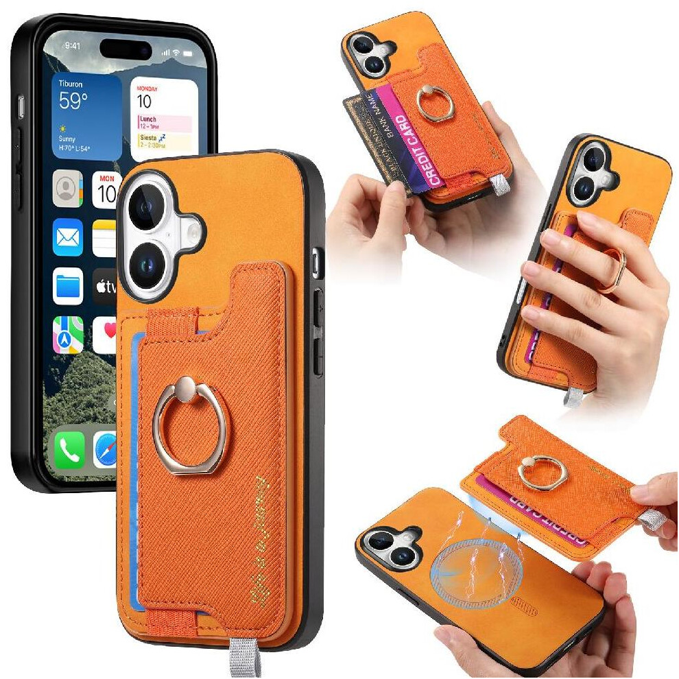 (Orange) Case For Iphone 16 Magsafe Compatible Ring Stand Holder Wallet Magnetic Orange 764563743414
