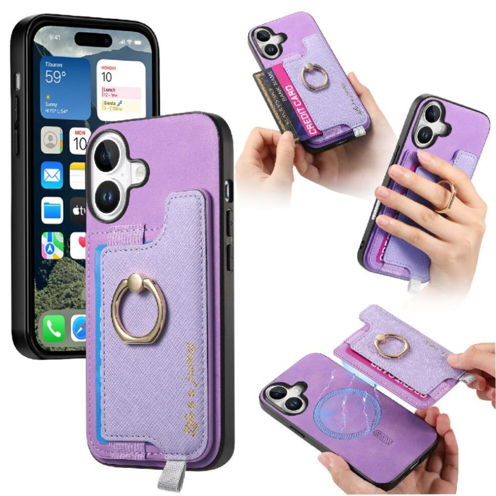 (Purple) Case For Iphone 16 Magsafe Compatible Ring Stand Holder Wallet Magnetic Purple 764563743445