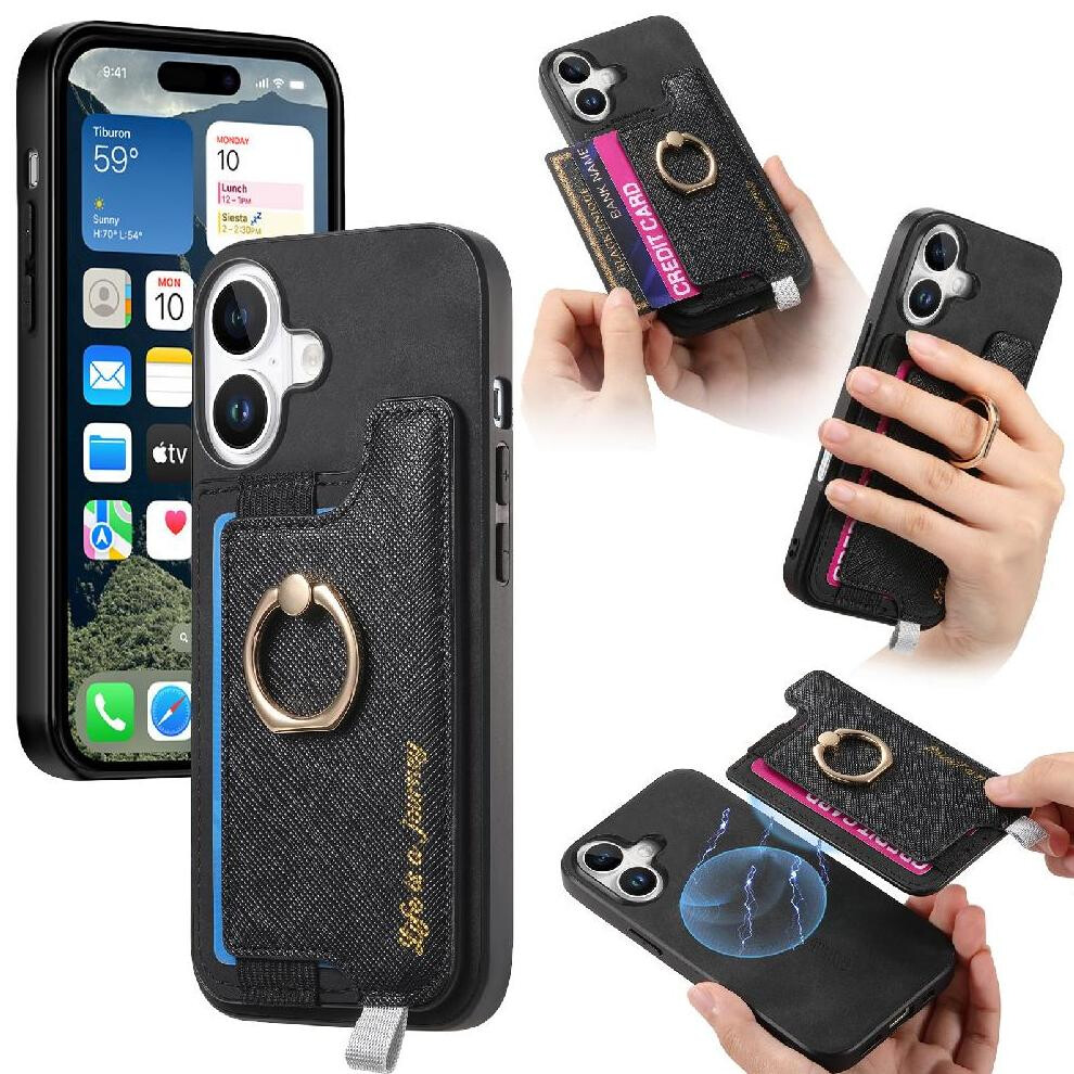(Black) Case For Iphone 16 Magsafe Compatible Ring Stand Holder Wallet Magnetic Black 764563743476