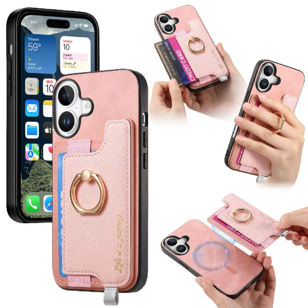 (Pink) Case For Iphone 16 Magsafe Compatible Ring Stand Holder Wallet Magnetic Pink 764563743438