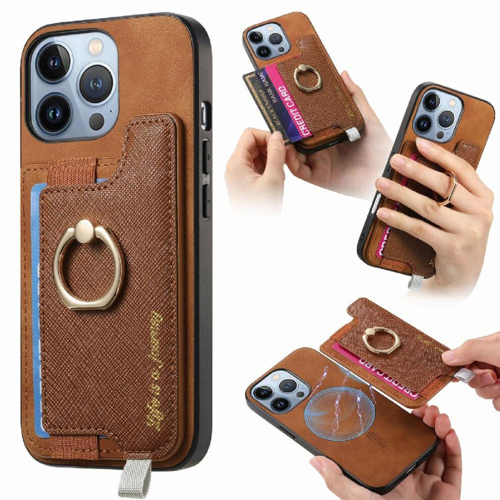 (Brown) Case For Iphone 16 Pro Ring Stand Holder Magsafe Compatible Magnetic Wallet Brown 764563743582