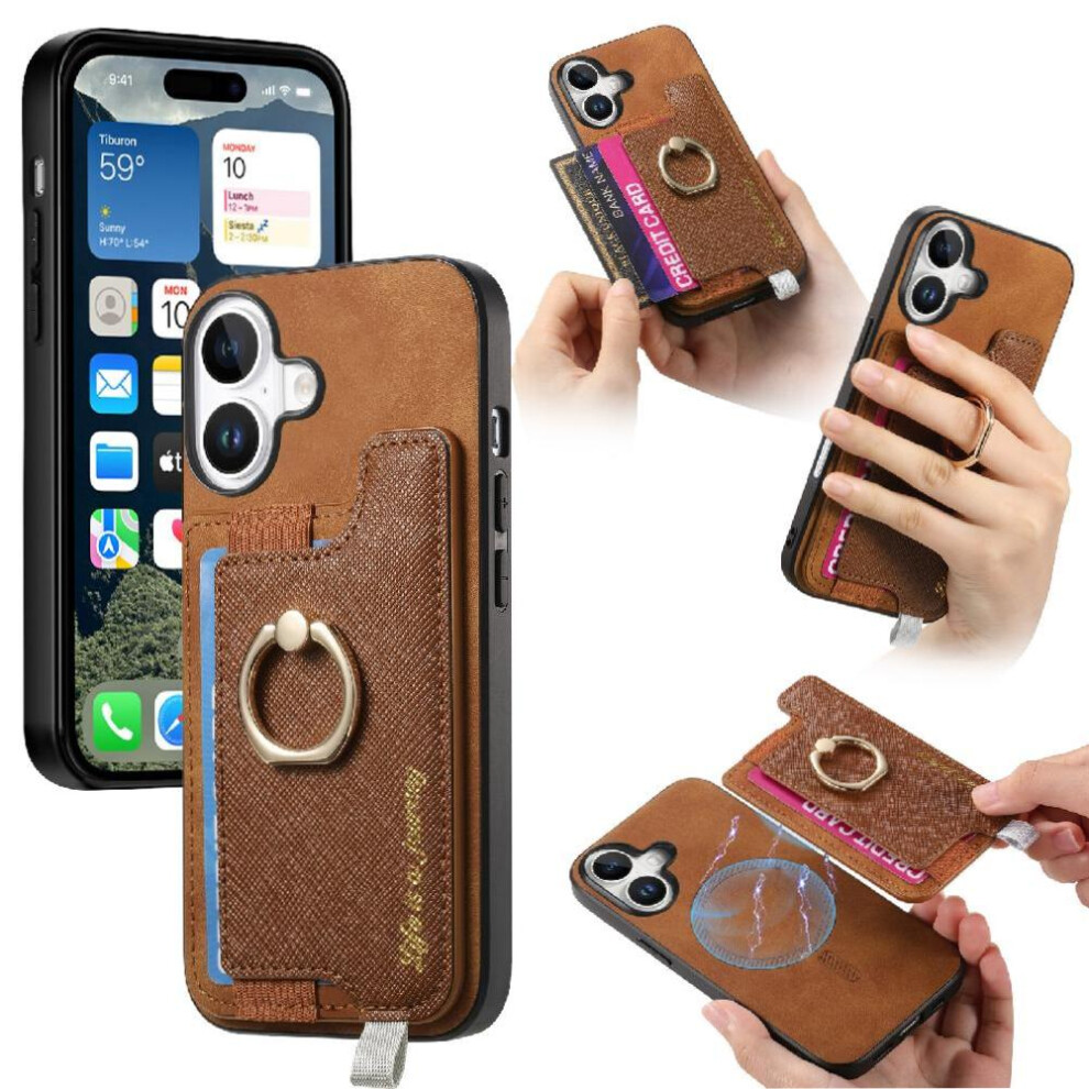 (Brown) Case For Iphone 16 Plus Magnetic Ring Stand Holder Wallet Magsafe Compatible Brown 764563743728