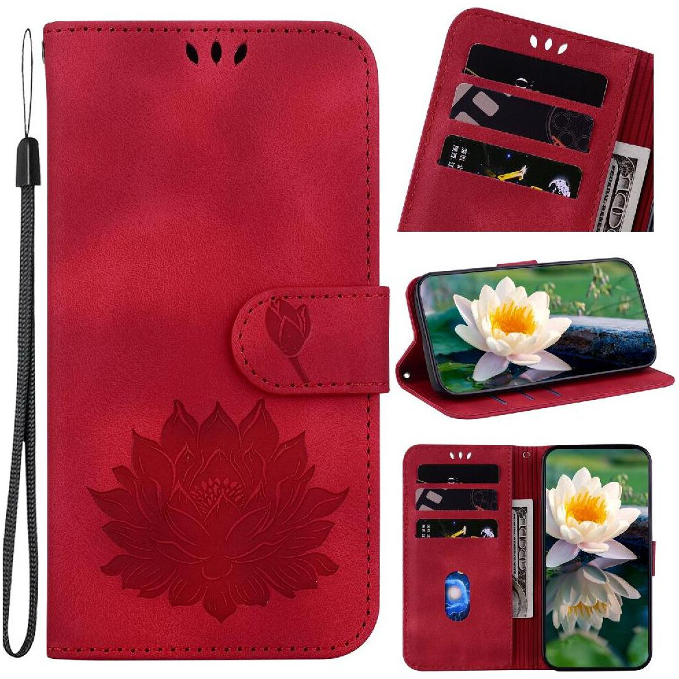 (Red) Flip Case For Iphone 13 Pro Max Relief Lotus Flower Magnetic Kickstand Kickstand Wallet Red 764563744114