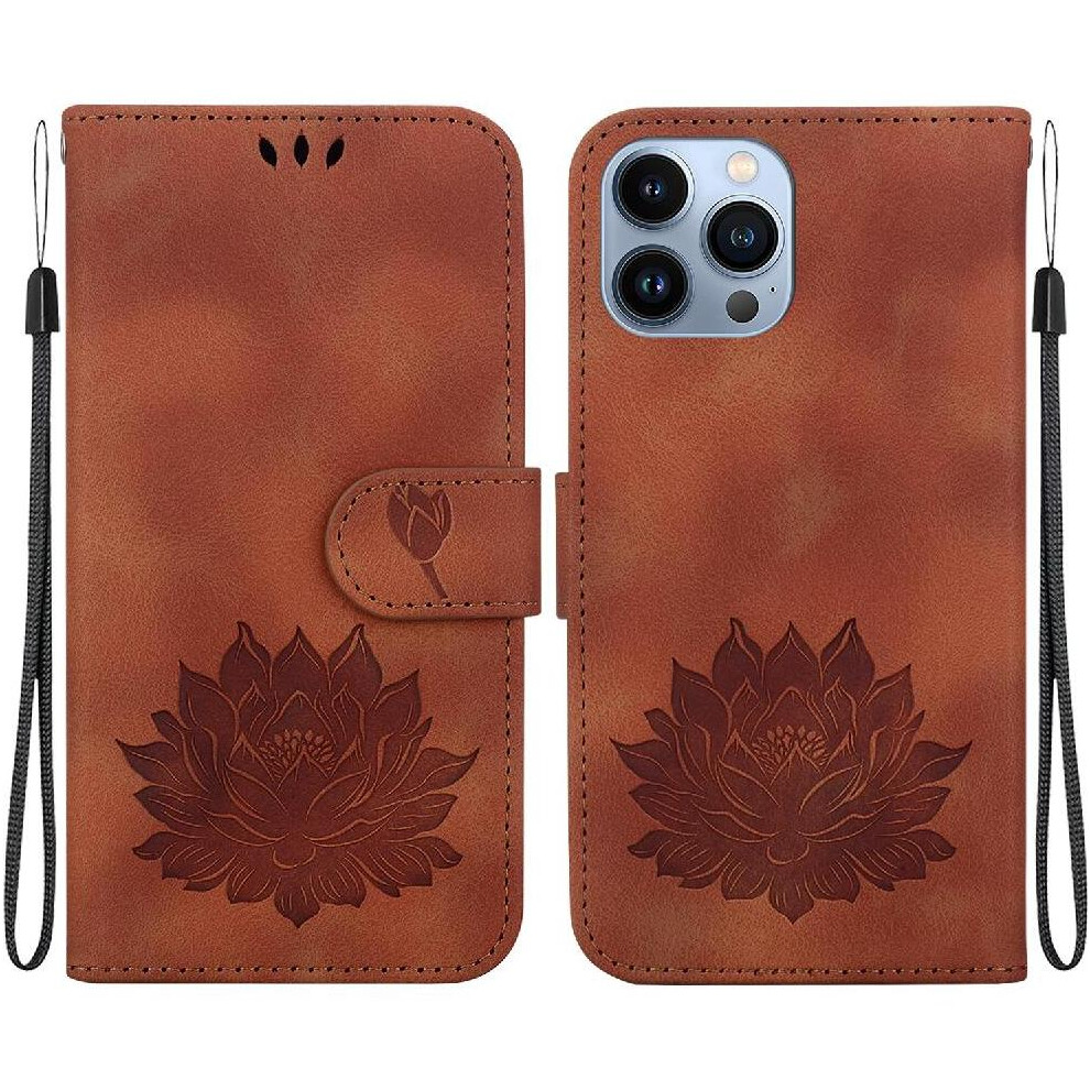 (Brown) Flip Case For Iphone 13 Pro Relief Lotus Flower Magnetic Kickstand Kickstand Wallet Brown 764563744152