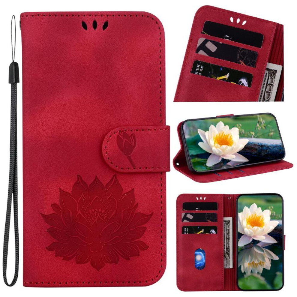 (Red) Flip Case For Iphone 13 Mini Kickstand Magnetic Relief Lotus Flower Wallet Kickstand Red 764563744237