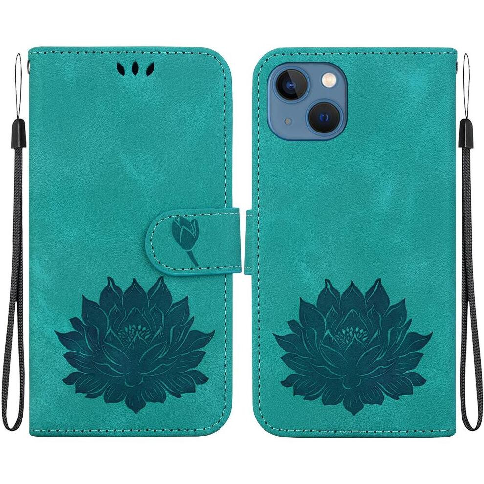 (Green) Flip Case For Iphone 13 Kickstand Relief Lotus Flower Wallet Magnetic Kickstand Green 764563744305