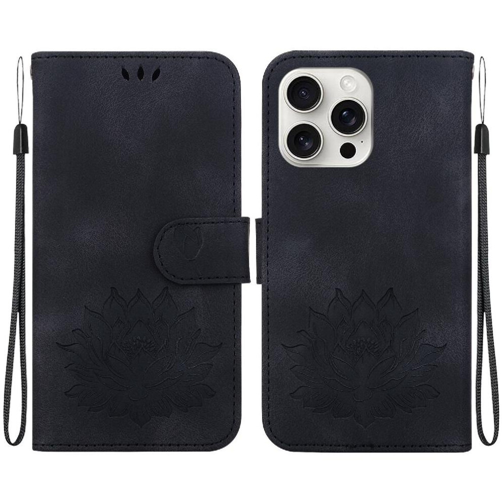 (Black) Flip Case For Iphone 16 Pro Max Kickstand Magnetic Wallet Kickstand Relief Lotus Flower Black 764563744503