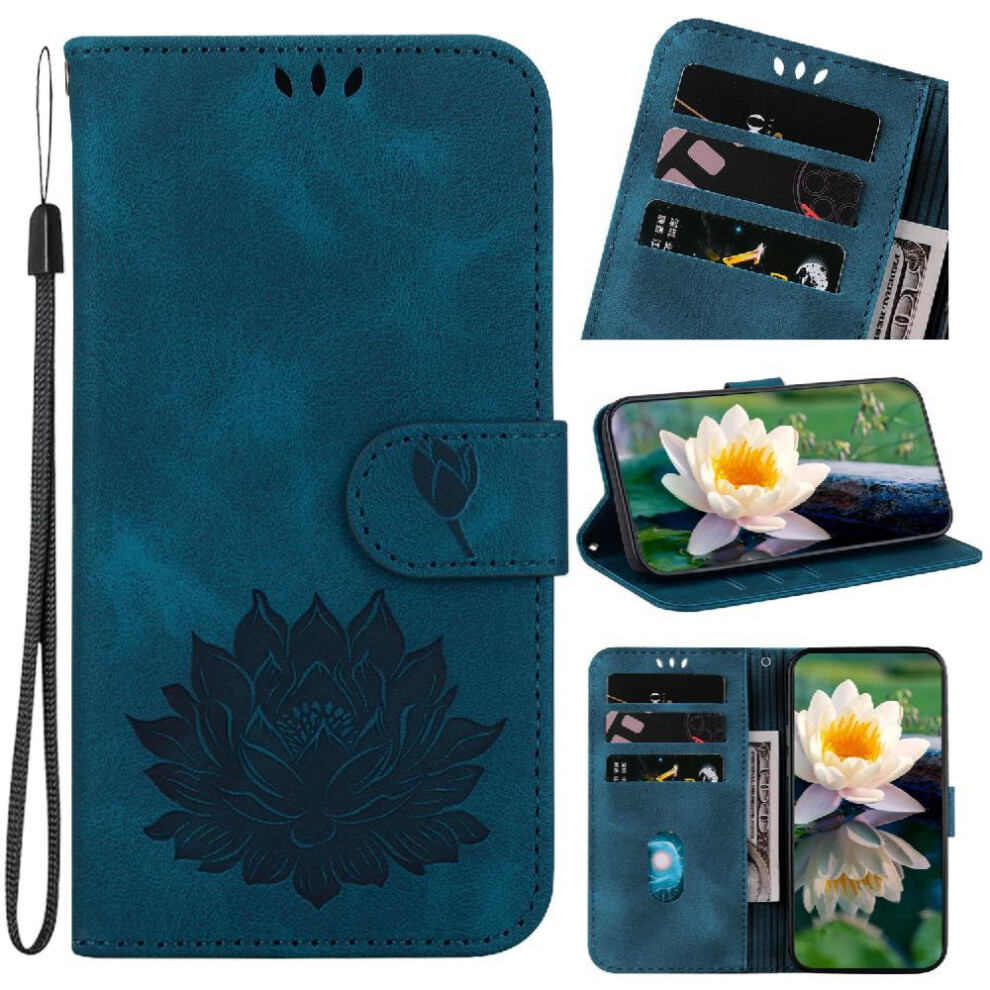 (Blue) Flip Case For Iphone 16 Wallet Relief Lotus Flower Kickstand Magnetic Kickstand Blue 764563744404