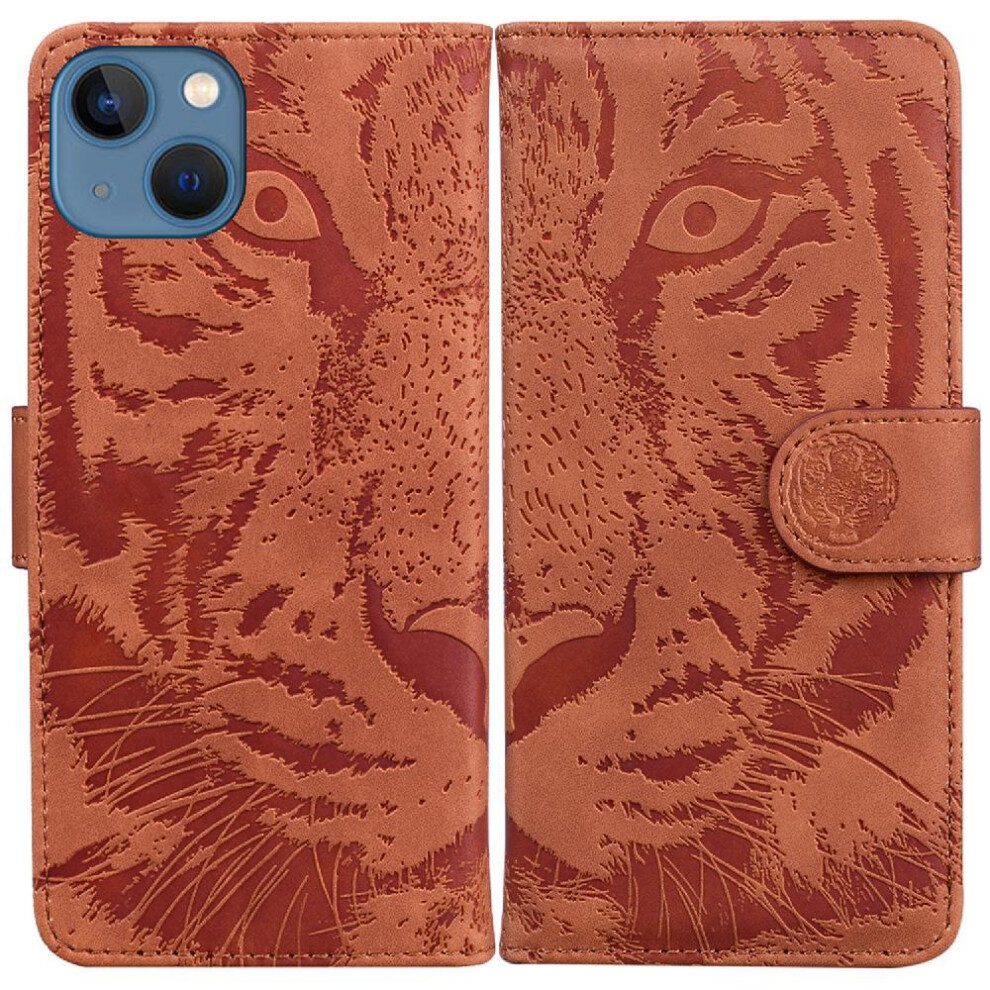 (Brown) Flip Case For Iphone 13 Leather Wallet Embossed Cute Tiger Kickstand Protective Brown 764563745678