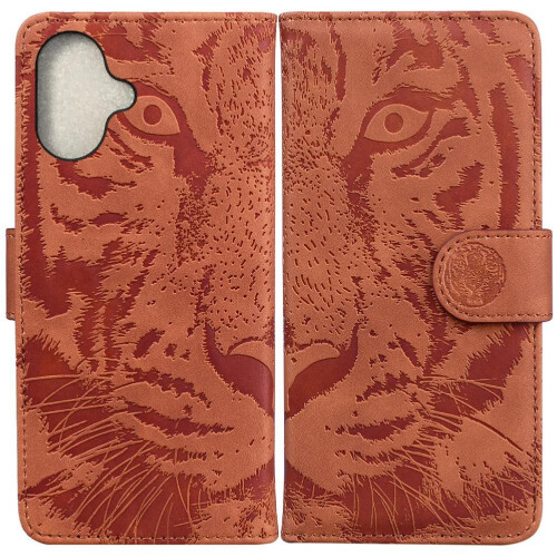 (Brown) Flip Case for iphone 16 Leather Wallet Embossed Cute Tiger Kickstand Protective