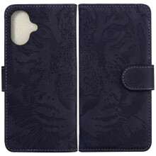 (Black) Flip Case for iphone 16 Leather Wallet Embossed Cute Tiger Kickstand Protective