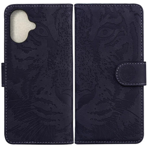 (Black) Flip Case for iphone 16 Leather Wallet Embossed Cute Tiger Kickstand Protective