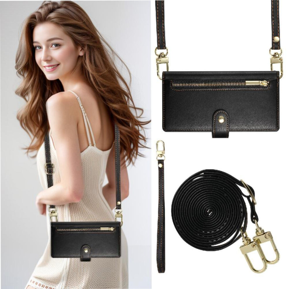 (Black) Flip Case For Iphone 13 Business Wallet Multifunctional Crossbody Strap Stand Black 764563747085