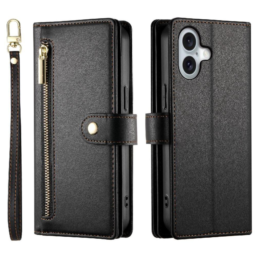 (Black) Flip Case For Iphone 16 Crossbody Strap Business Multifunctional Wallet Stand Black 764563747528