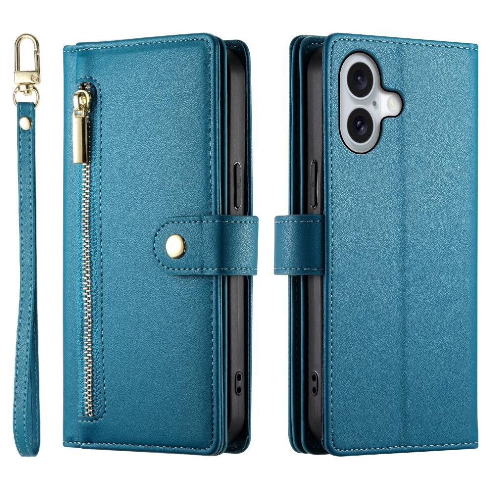 (Blue) Flip Case For Iphone 16 Crossbody Strap Business Multifunctional Wallet Stand Blue 764563747535