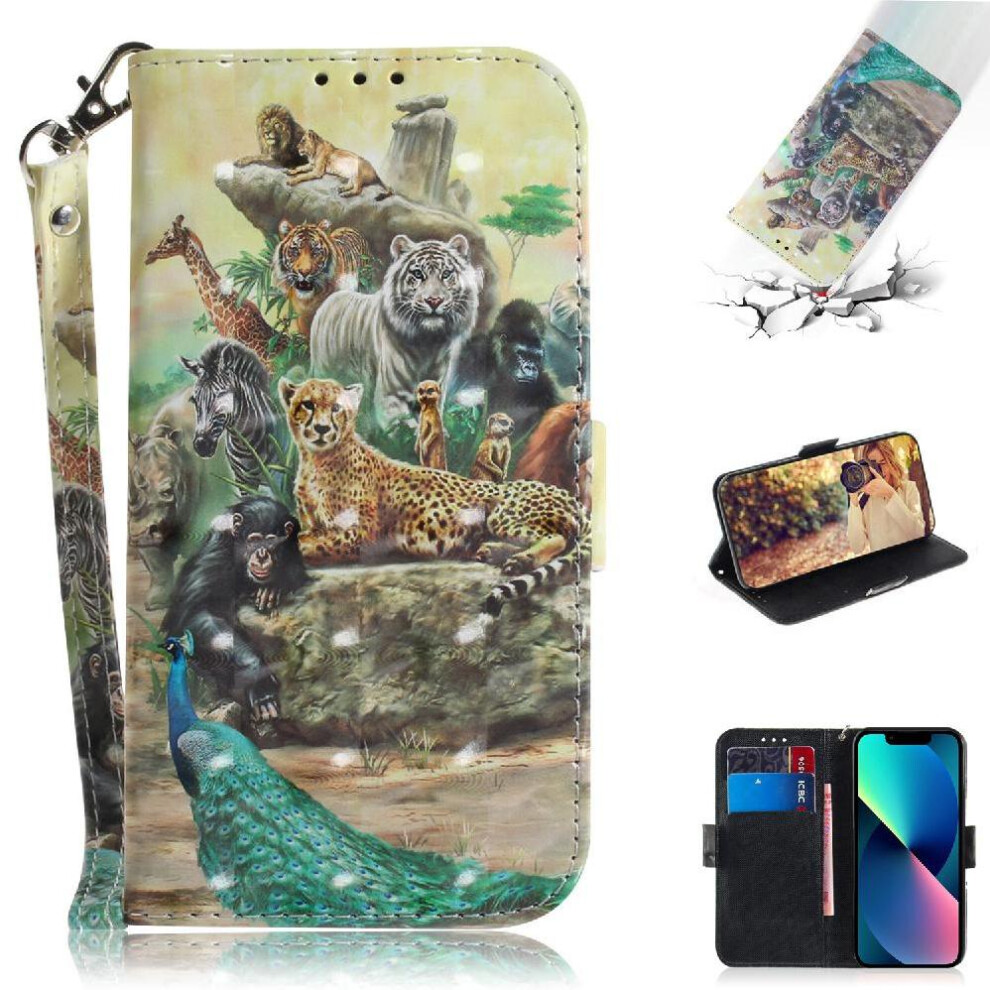 (Ohter) 3D Painted Protective Case For Iphone 13 Card Slots Wallet Magnetic Closure Pu Leather Lanyard 764563748761