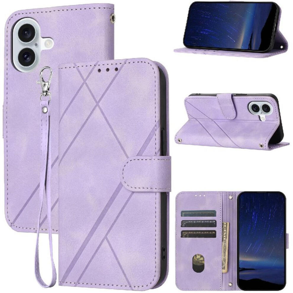 (Purple) Filp Case For Iphone 16 Hand Wallet Pu Leather Cover Kickstand Wrist Strap Credit Card Holder Purple 764563748419
