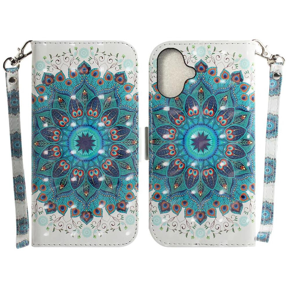 (C3 ) 3D Painted Protective Case For Iphone 16 Magnetic Closure Card Slots Wallet Pu Leather Lanyard 764563749997