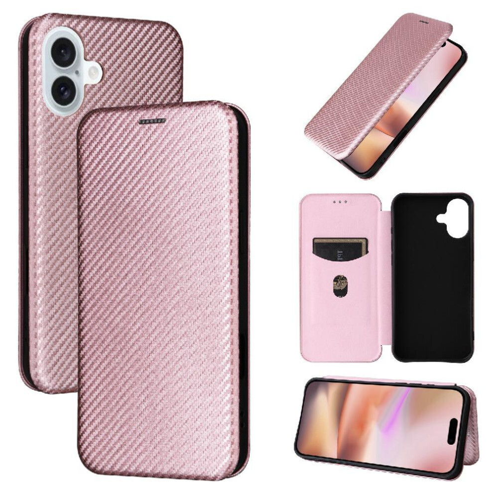 (Pink) Flip Case For Iphone 16 Card Insertion With Card Holder Kickstand Magnetic Carbon Fiber Leather Folio Flip Case Full Protection Pink 764563750665