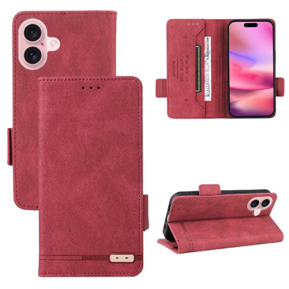 (Red) Flip Case For Iphone 16 Cover With Buckle Card Holder Magnetic Wallet Kickstand Red 764563750962