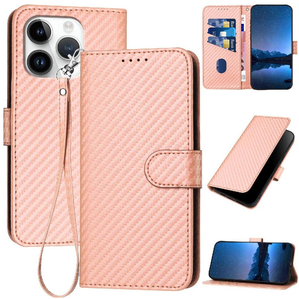 Photos - Case  Flip  for iphone 16 Pro with Detachable Hand Strap Carbon Fiber Surface with Card Slot and Kickstand Premium Leat(Pink)