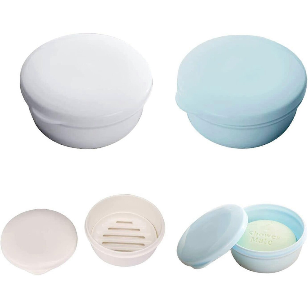 (As show, One size) Blue and White Plastic Soap Dish with A Diaper to Dry Portable for Travel - Set of 2 Soap Boxes (Round)