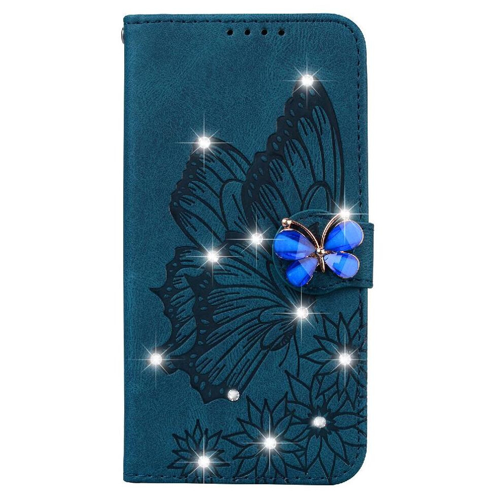 Photos - Case  Flip  for iphone 16 Pro Big Butterfly with Diamonds Kickstand Protective with Card Slot Stand Leather Wallet(Blue)