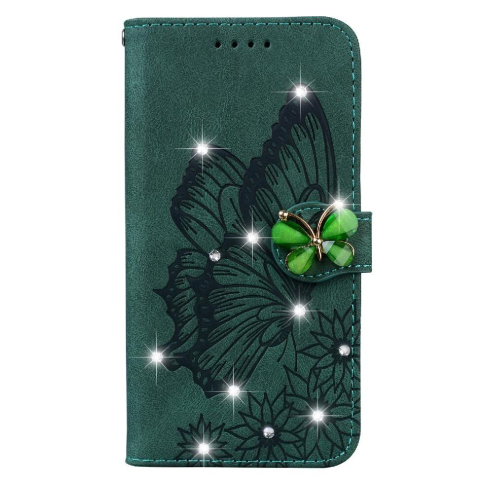 (Green) Flip Case For Iphone 16 Leather Wallet Big Butterfly With Diamonds With Card Slot Stand Kickstand Protective Green 764563753260