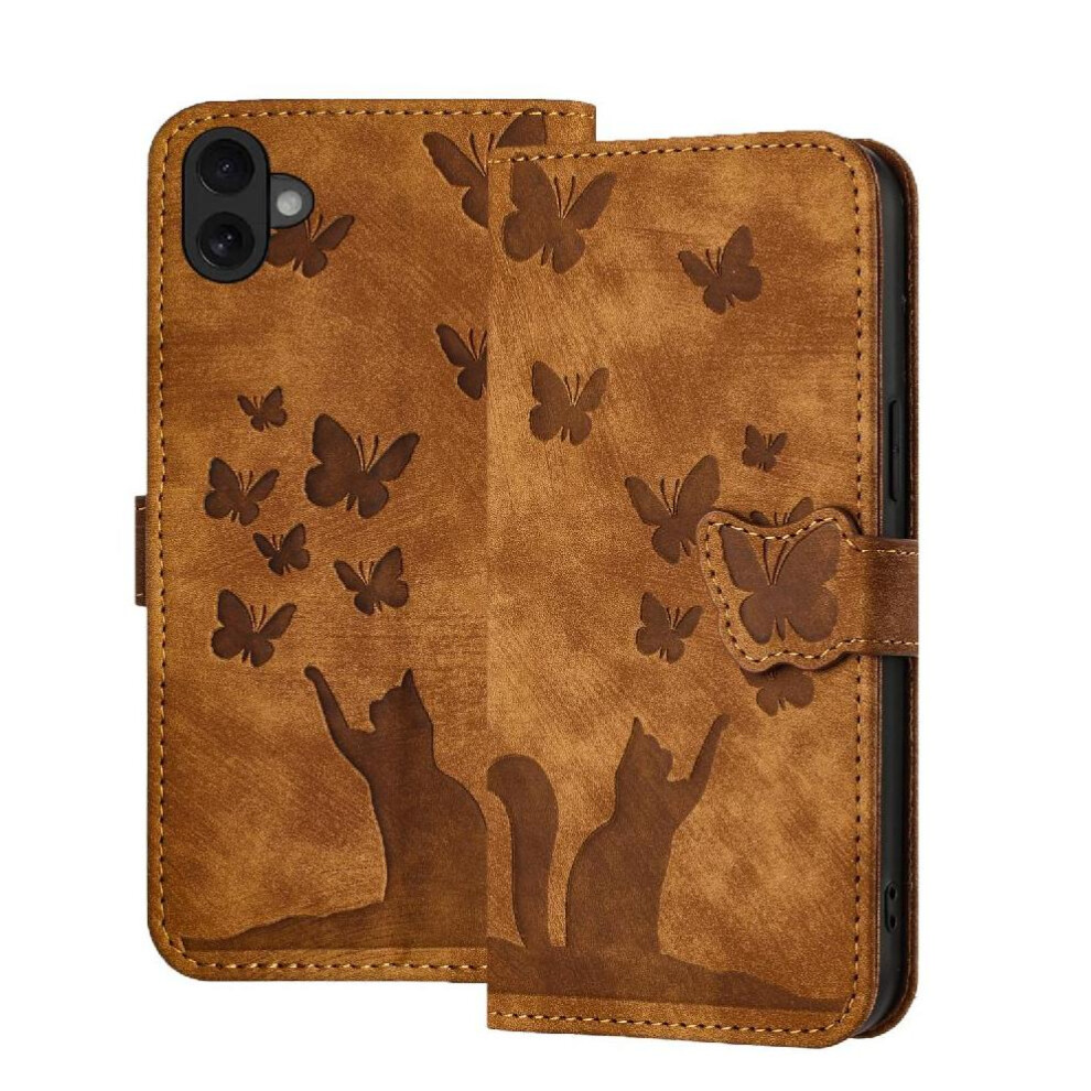 (Brown) Flip Case For Iphone 16 Embossed Butterfly Cat Flip Folio Card Pocket Wallet Case Holder Cover Brown 764563753789