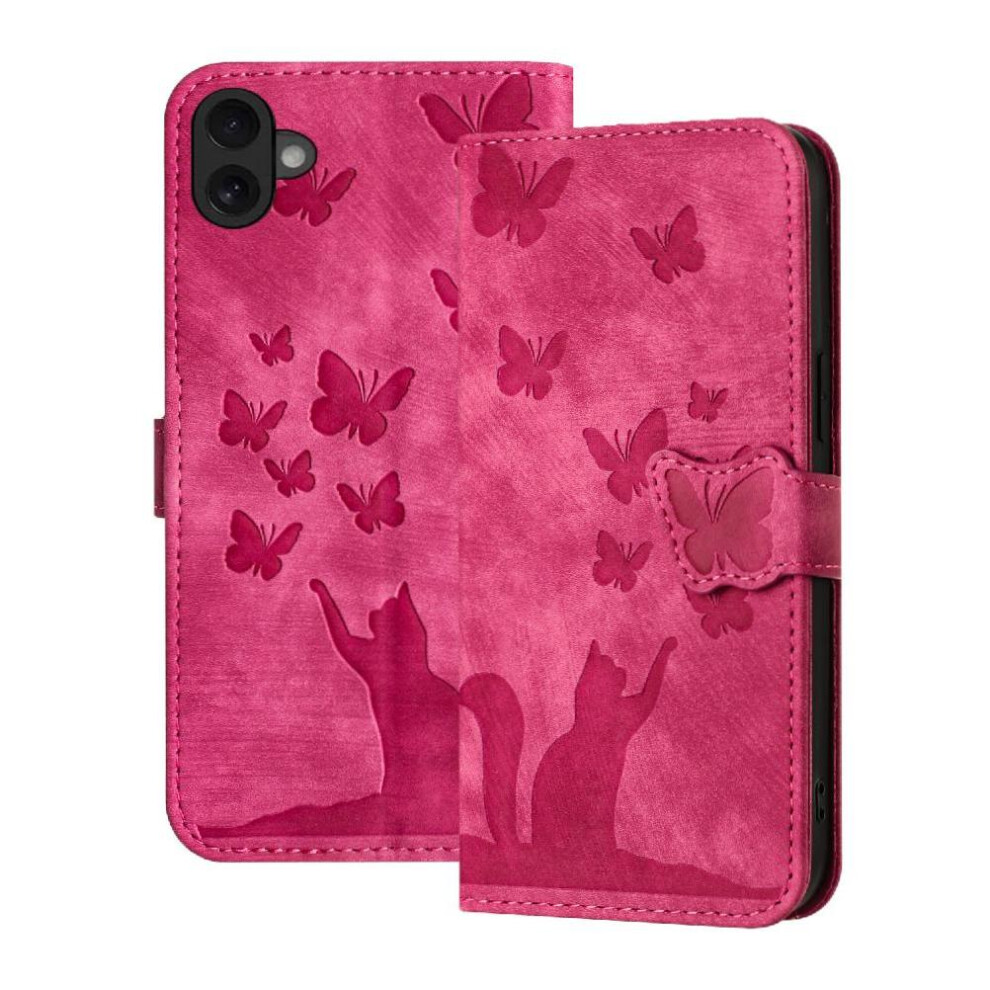 (Pink) Flip Case For Iphone 16 Embossed Butterfly Cat Flip Folio Card Pocket Wallet Case Holder Cover Pink 764563753765