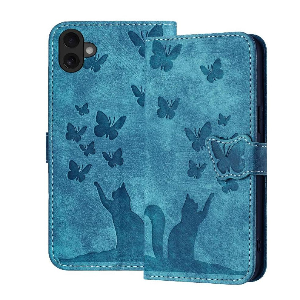 (Blue) Flip Case For Iphone 16 Embossed Butterfly Cat Flip Folio Card Pocket Wallet Case Holder Cover Blue 764563753772
