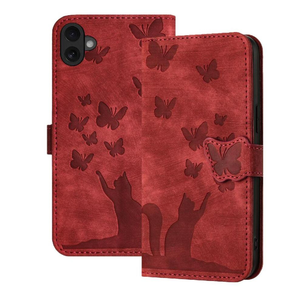 (Red) Flip Case For Iphone 16 Embossed Butterfly Cat Flip Folio Card Pocket Wallet Case Holder Cover Red 764563753758