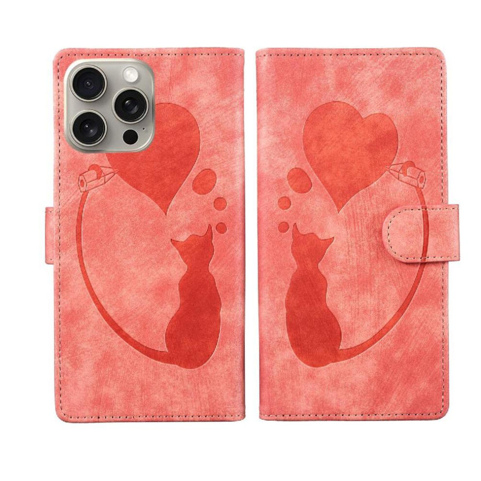 (Pink) Flip Case For Iphone 16 Pro Card Pocket Holder Cover Flip Folio Wallet Case Embossed Cute Cat Pink 764563754069
