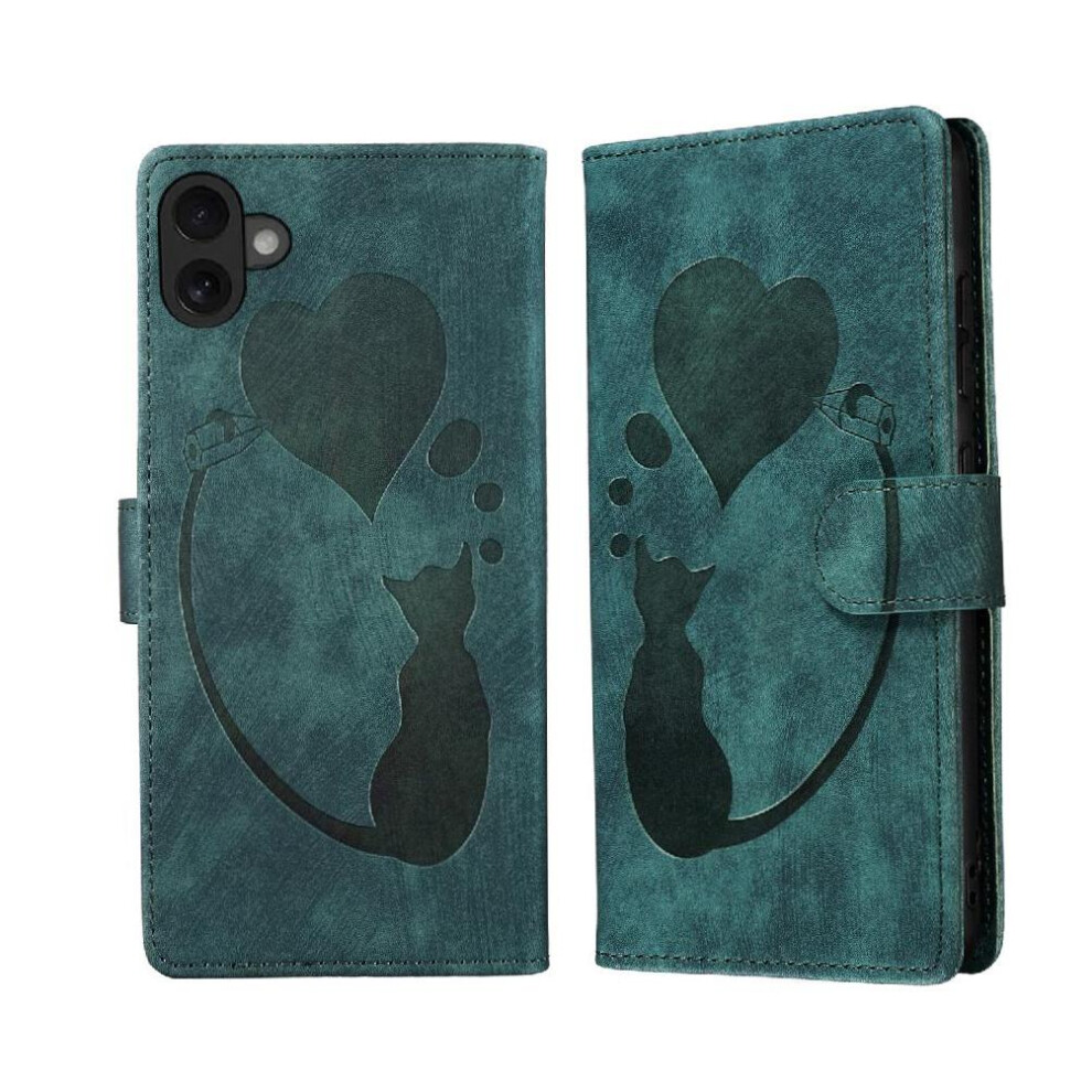 (Green) Flip Case For Iphone 16 Wallet Case Holder Cover Flip Folio Embossed Cute Cat Card Pocket Green 764563754229