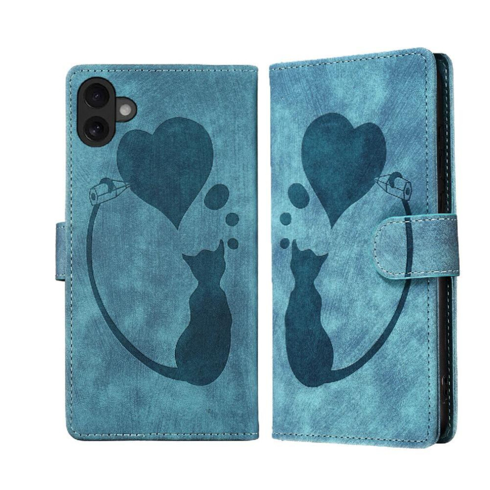 (Blue) Flip Case For Iphone 16 Wallet Case Holder Cover Flip Folio Embossed Cute Cat Card Pocket Blue 764563754212