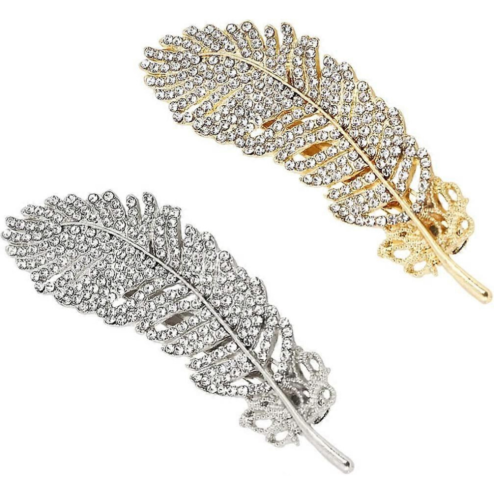(As show, One size) 2pcs Rhinestone Hair Clip, Vintage Metal Feather Hair Clips, Wedding Leaf Hairpins, Chic Hair Accessories for Women Ladies Girl (Golden, Silver)