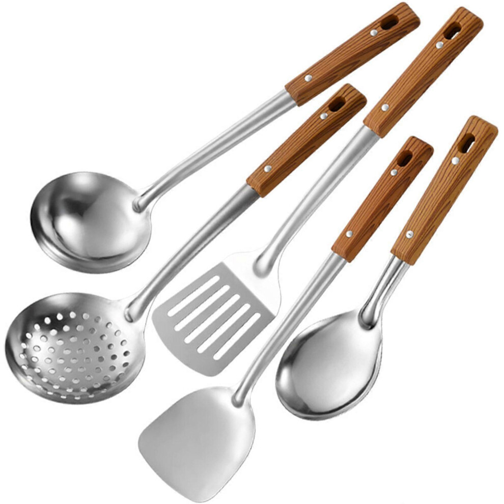 (As Show, One Size) 5Pcs Stainsless Steel Cooking Utensils Wood Handle Spatulas Rice Spoon Fryings Shovel Soup Ladles Kitchen Utensils 8052607402635