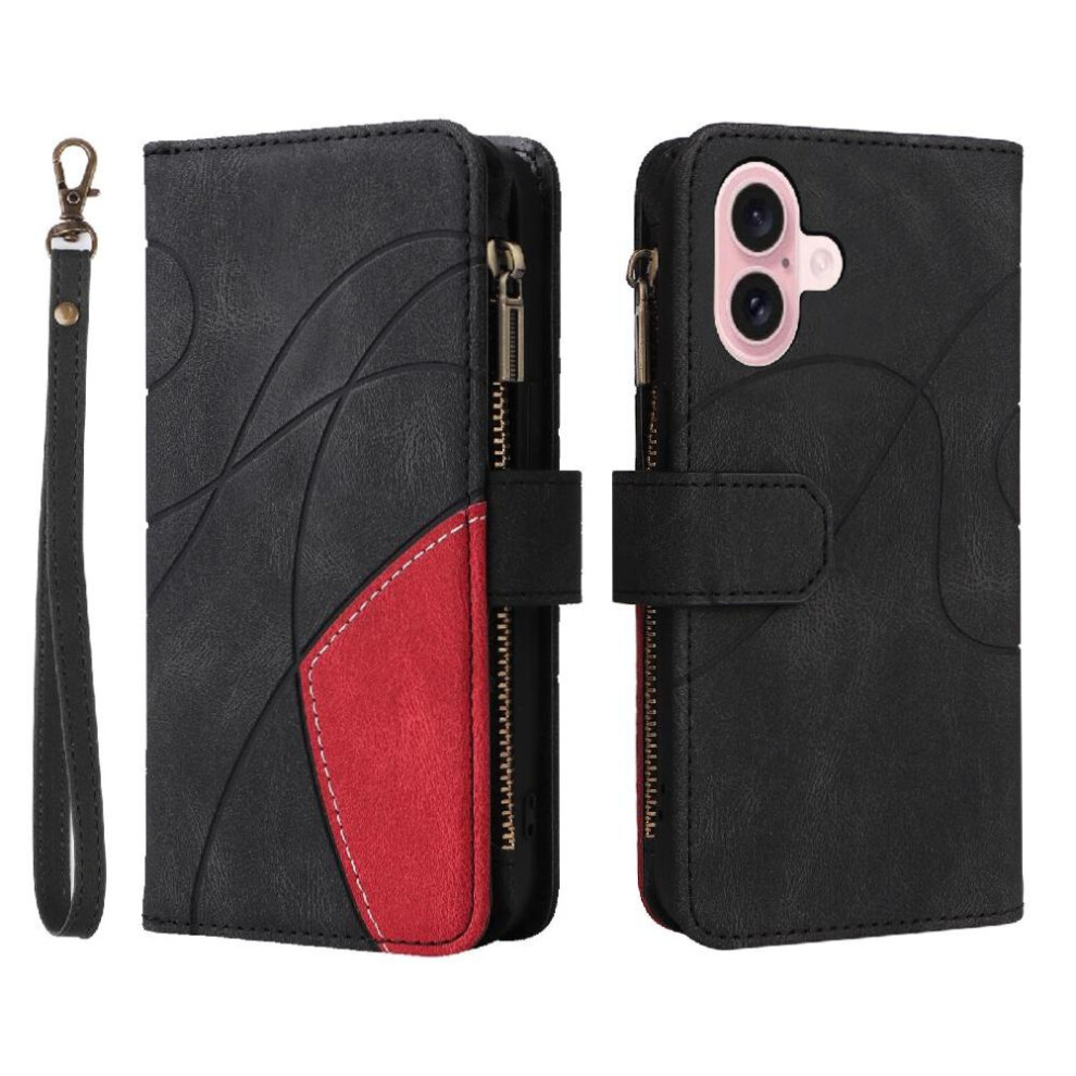 (Black) Case For Iphone 16 Zipper Wallet Style Two-Color Stitching With Card Slot Stand Nine Card Slots Kickstand Protective Black 764563755417