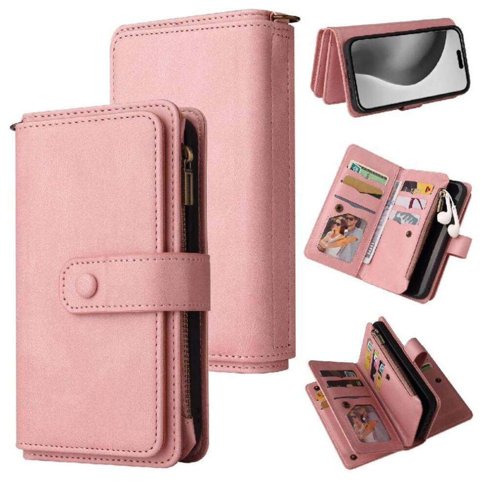 (Pink) Wallet Phone Case For Iphone 16 Pro Max Fifteen Card Slots Zipper Poket Pu Leather Magnetic Closure With Card Slot Stand Pink 764563756520