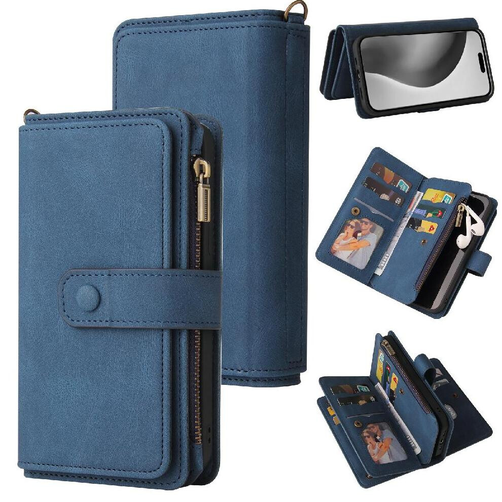 (Blue) Wallet Phone Case For Iphone 16 Pro Max Fifteen Card Slots Zipper Poket Pu Leather Magnetic Closure With Card Slot Stand Blue 764563756513