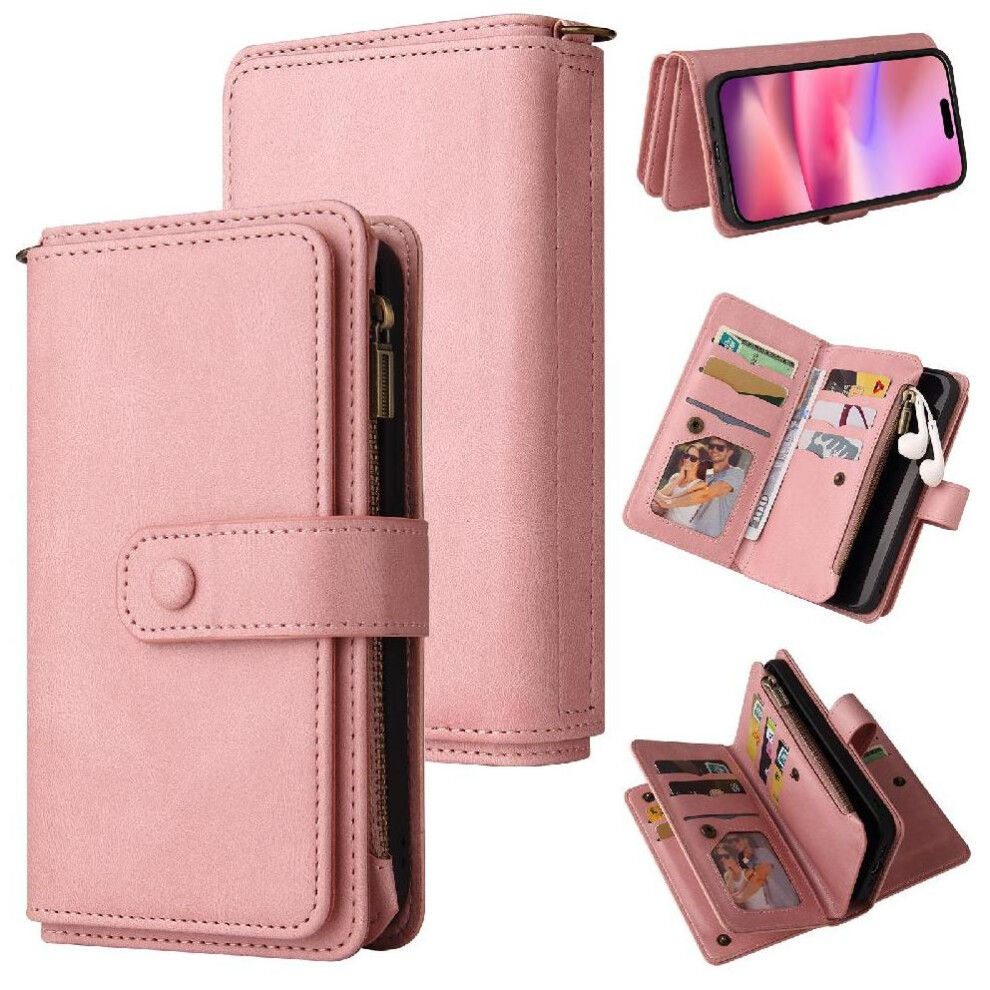 (Pink) Wallet Phone Case For Iphone 16 Zipper Poket Pu Leather Magnetic Closure With Card Slot Stand Fifteen Card Slots Pink 764563756643