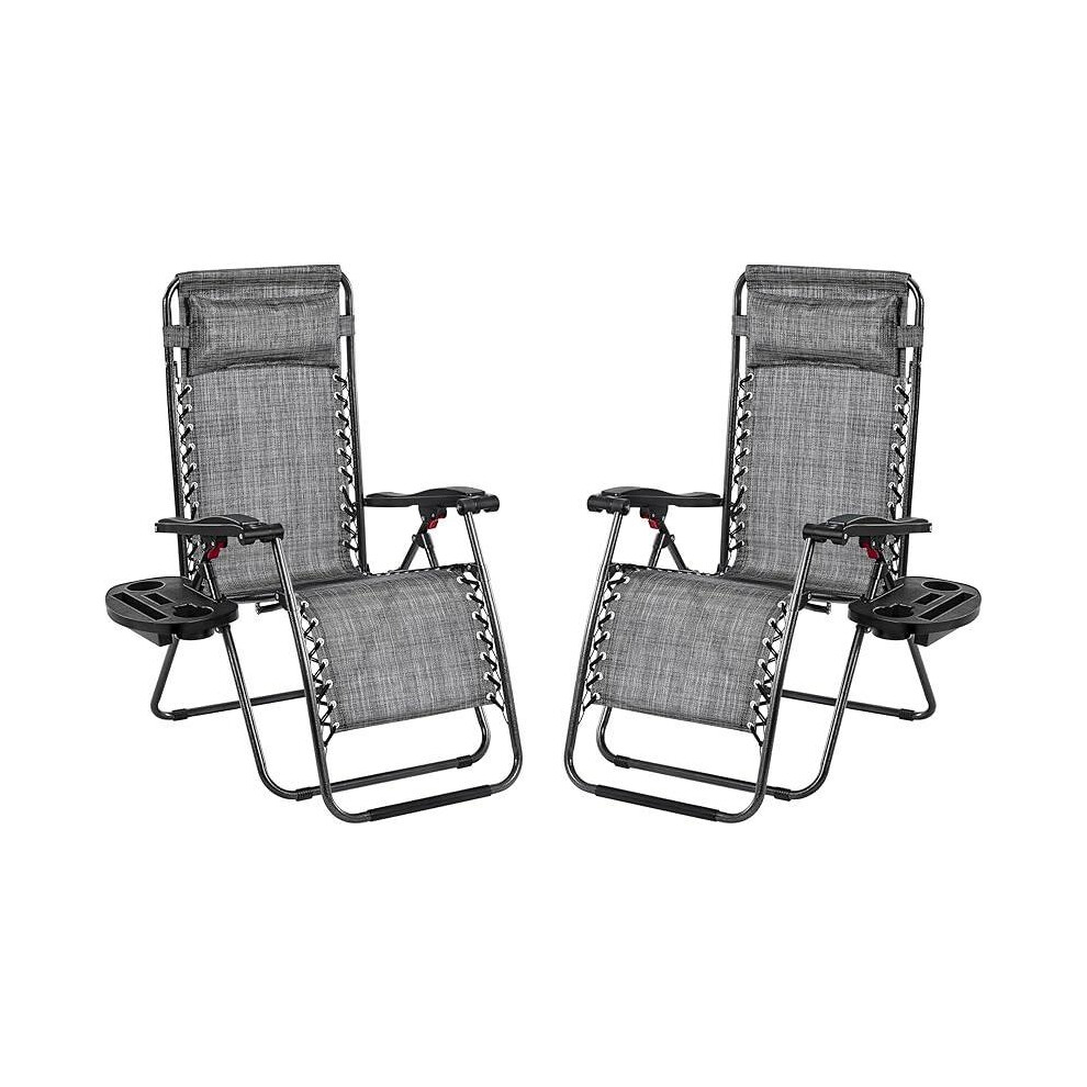 (Grey, 65cm) 26" Zero Gravity Recliners - Outdoor Adjustable Folding Lounge Chairs with Pillows, Cup Holders, Carry Strap (Set of 2, Navy Blue/Gray/Beige/Black)