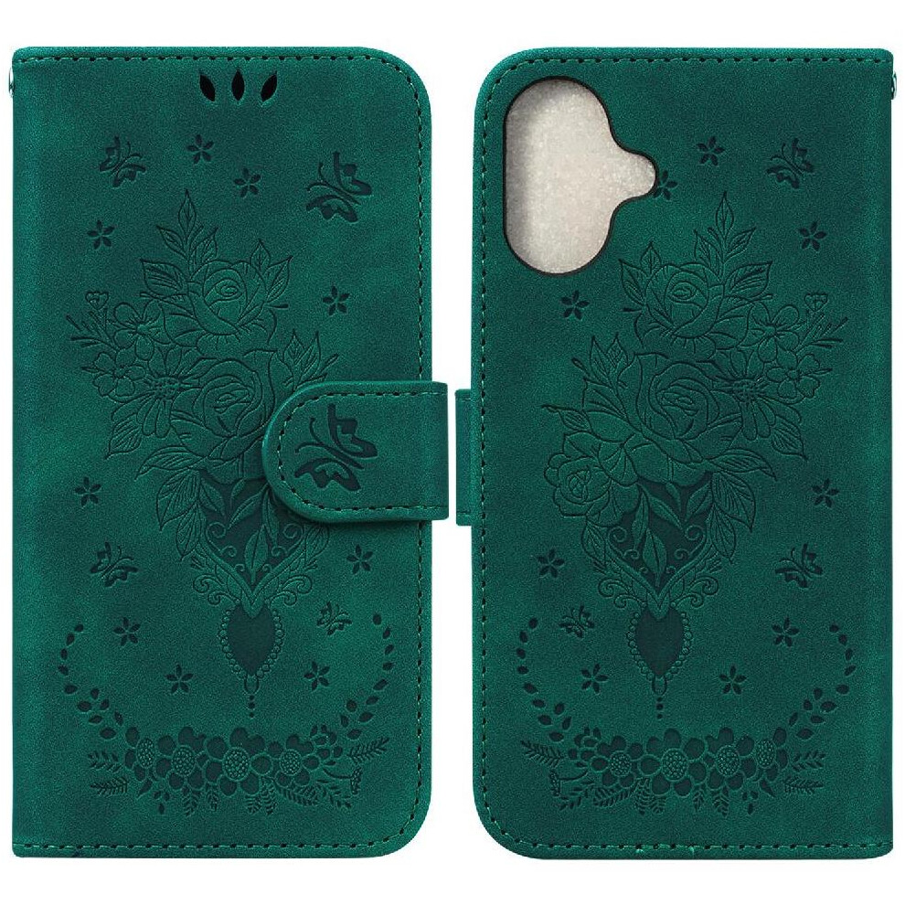 (Green) Case For Iphone 16 Wallet Case Card Slots Flip Pu Leather Cover Emboss Rose Flowers Kickstand Green 764563756735