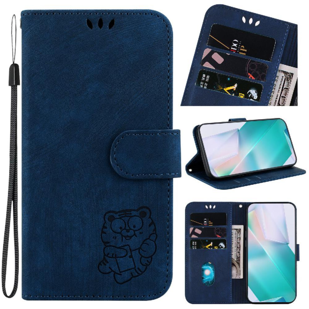 (Blue) Case For Iphone 16 Flip Folio Card Pocket Embossed Cute Tiger Holder Cover Wallet Case Blue 764563757367