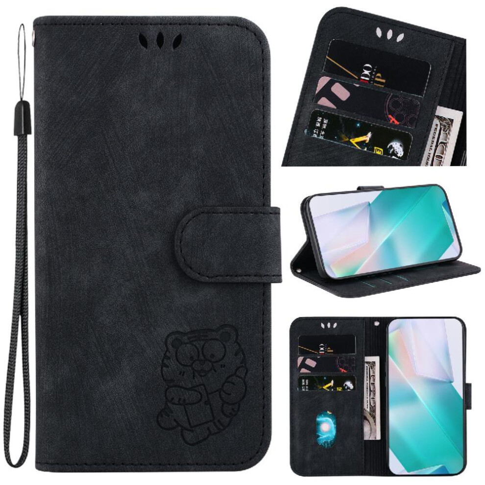 (Black) Case For Iphone 16 Flip Folio Card Pocket Embossed Cute Tiger Holder Cover Wallet Case Black 764563757381