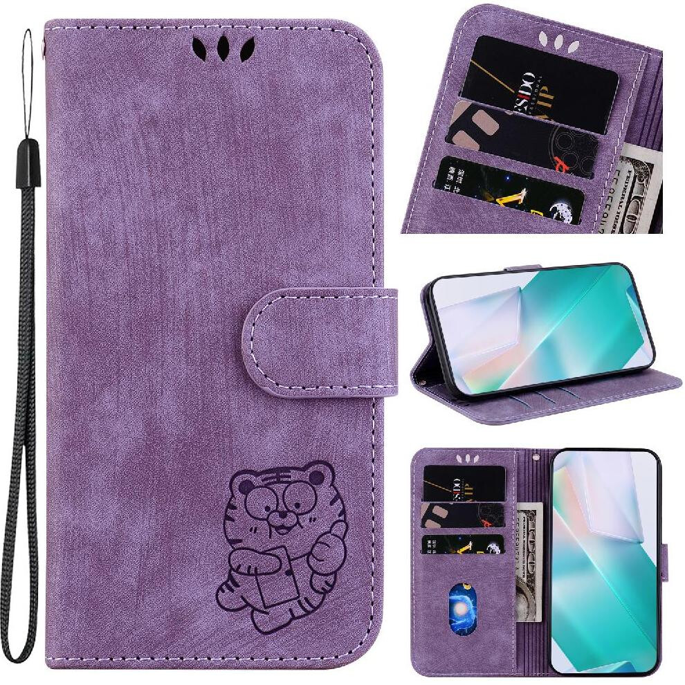 (Purple) Case For Iphone 16 Flip Folio Card Pocket Embossed Cute Tiger Holder Cover Wallet Case Purple 764563757343
